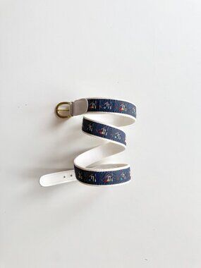 PRESTON White Leather Croquet Embroidered Navy Silk Ribbon Canvas Belt, Size 40
